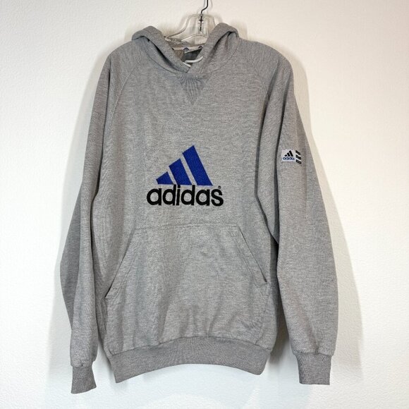 Vintage Adidas Logo Hoodie 90s Sweatshirt Pullover Gray USA Hooded Large - Picture 9 of 9